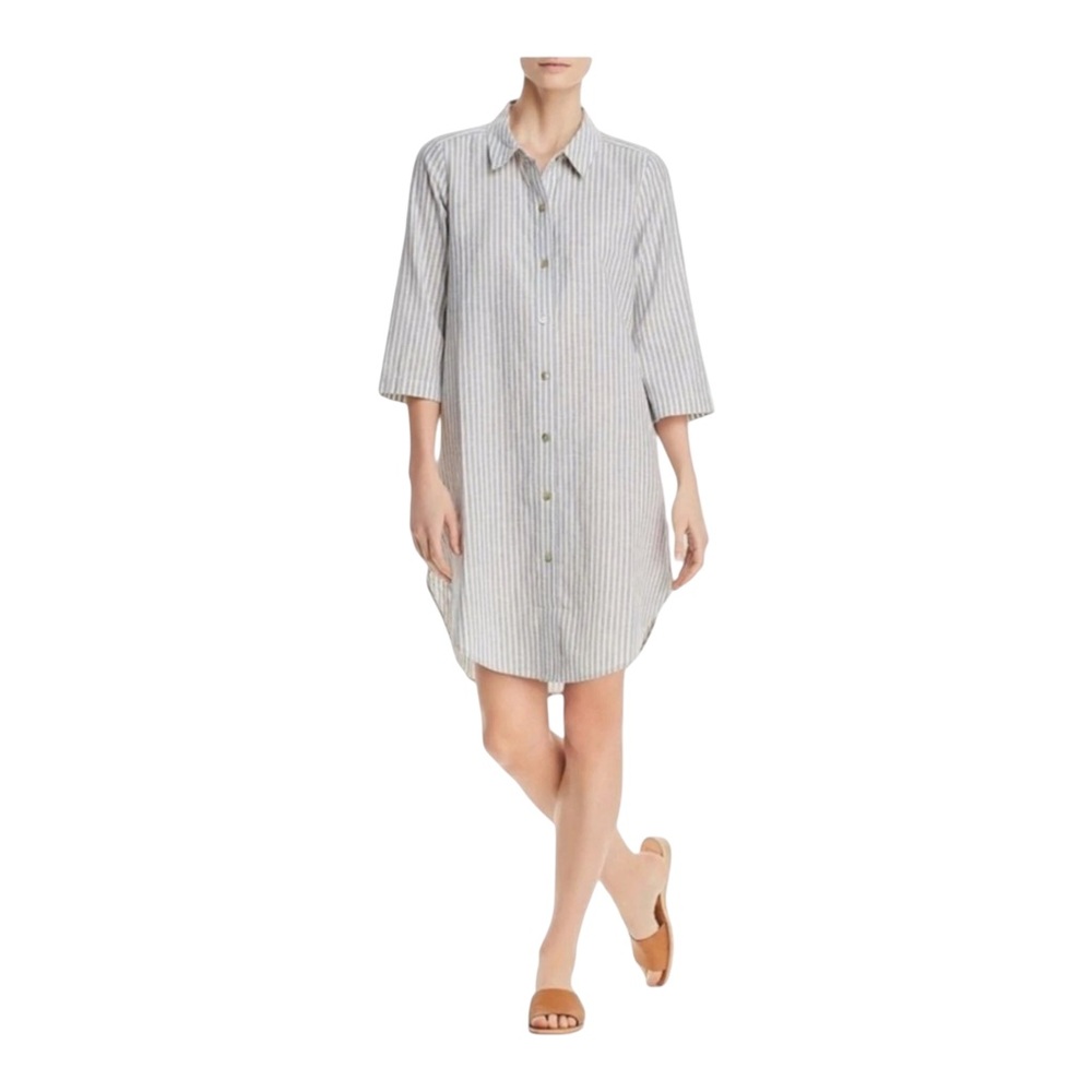 Eileen Fisher Striped Button-Front Shirt Dress Sz XS Blue White Preppy Coastal